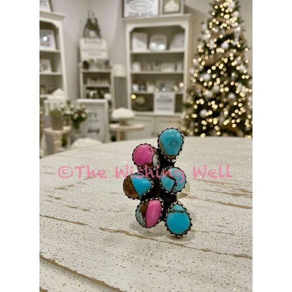 Half Cluster Cotton Candy Tirquoise Southwestern Ring Sterling Silver Size 5-10 - Picture 2 of 5